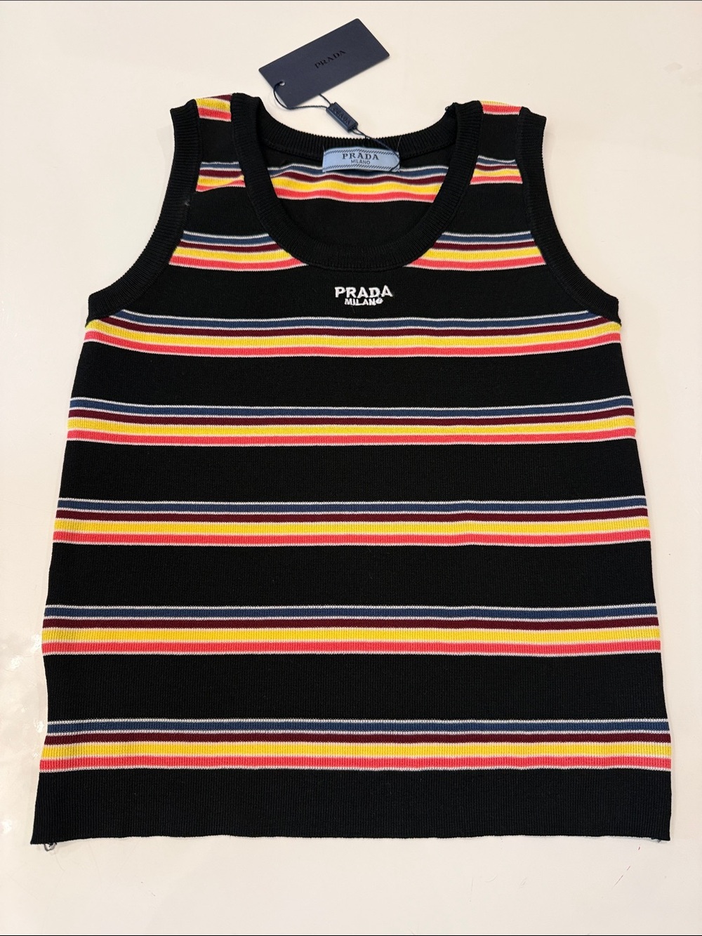 Prada Black Striped Knit Tank Top with Pink, Yellow & Blue Stripes - Picture 8 of 13